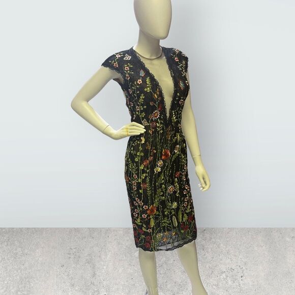 Jovani Sheer Embroidered Over Lace Plunging Neck Cocktail  Dress Whimsical Gothi - Picture 4 of 11